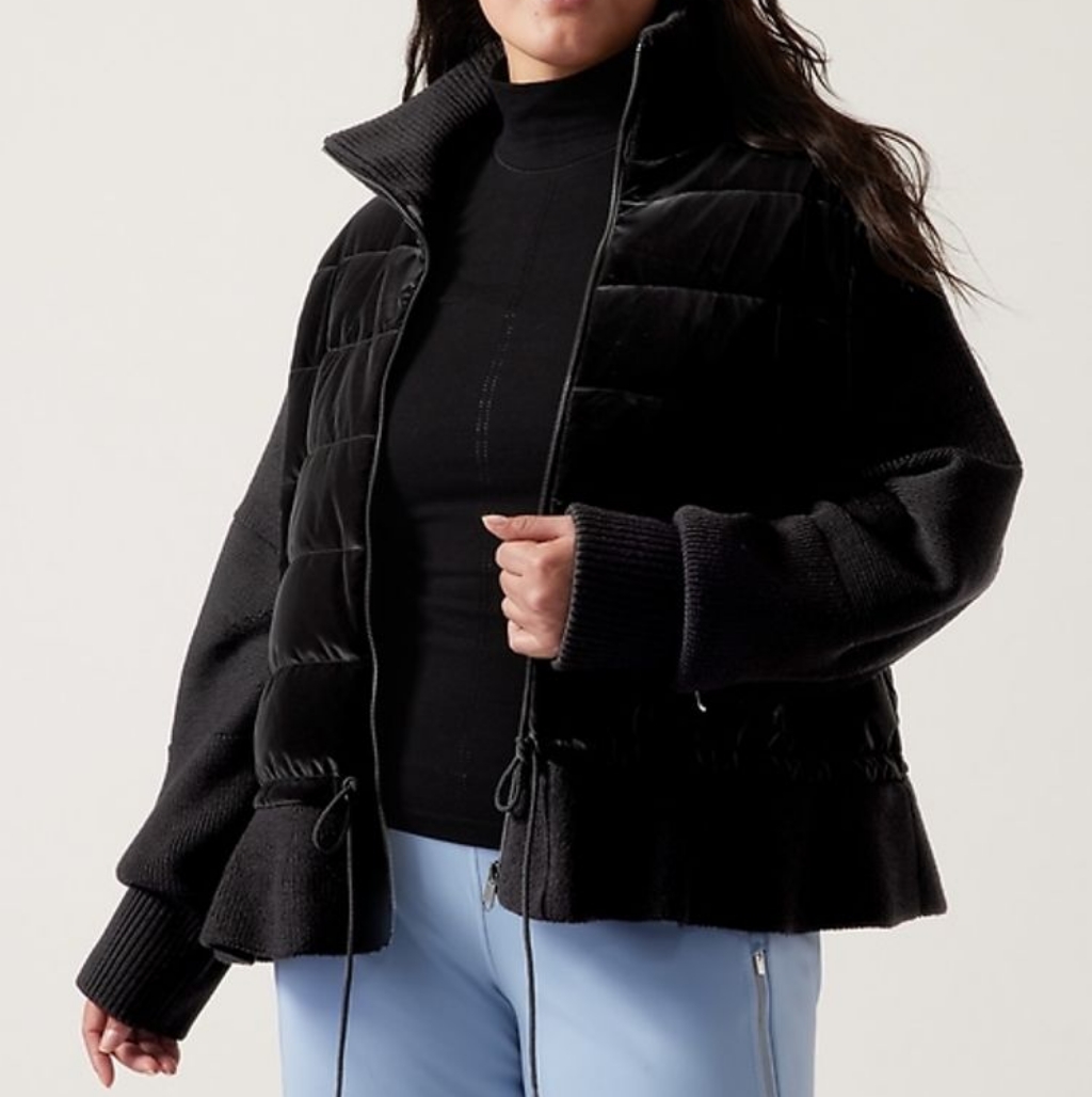Nw Athleta Thermolite Black Hanover Hybrid Jacket With Fitted Knit Sleeves & Hem